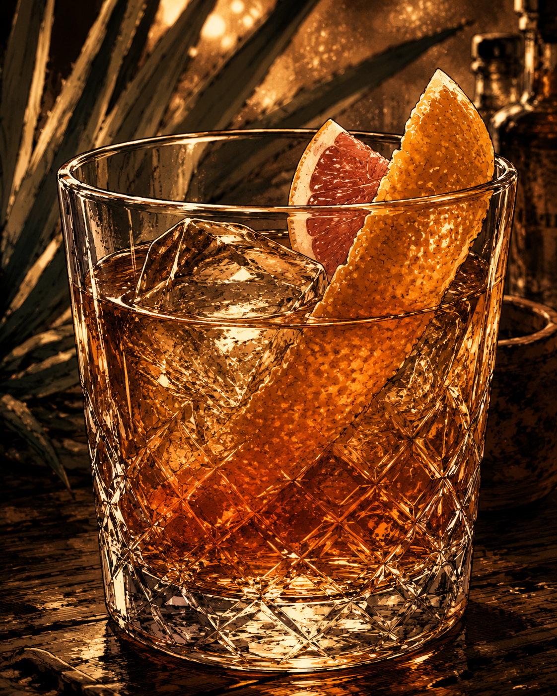 Close-up of the finished Oaxaca Old Fashioned with amber cocktail, large ice cube, orange peel, and grapefruit accent.