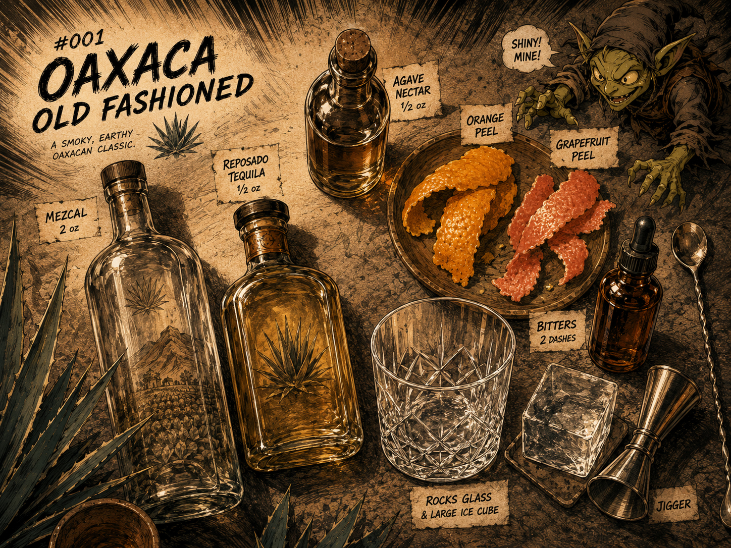 Flat-lay of Oaxaca Old Fashioned ingredients including mezcal, reposado tequila, agave nectar, bitters, citrus peel, rocks glass, ice, and jigger.