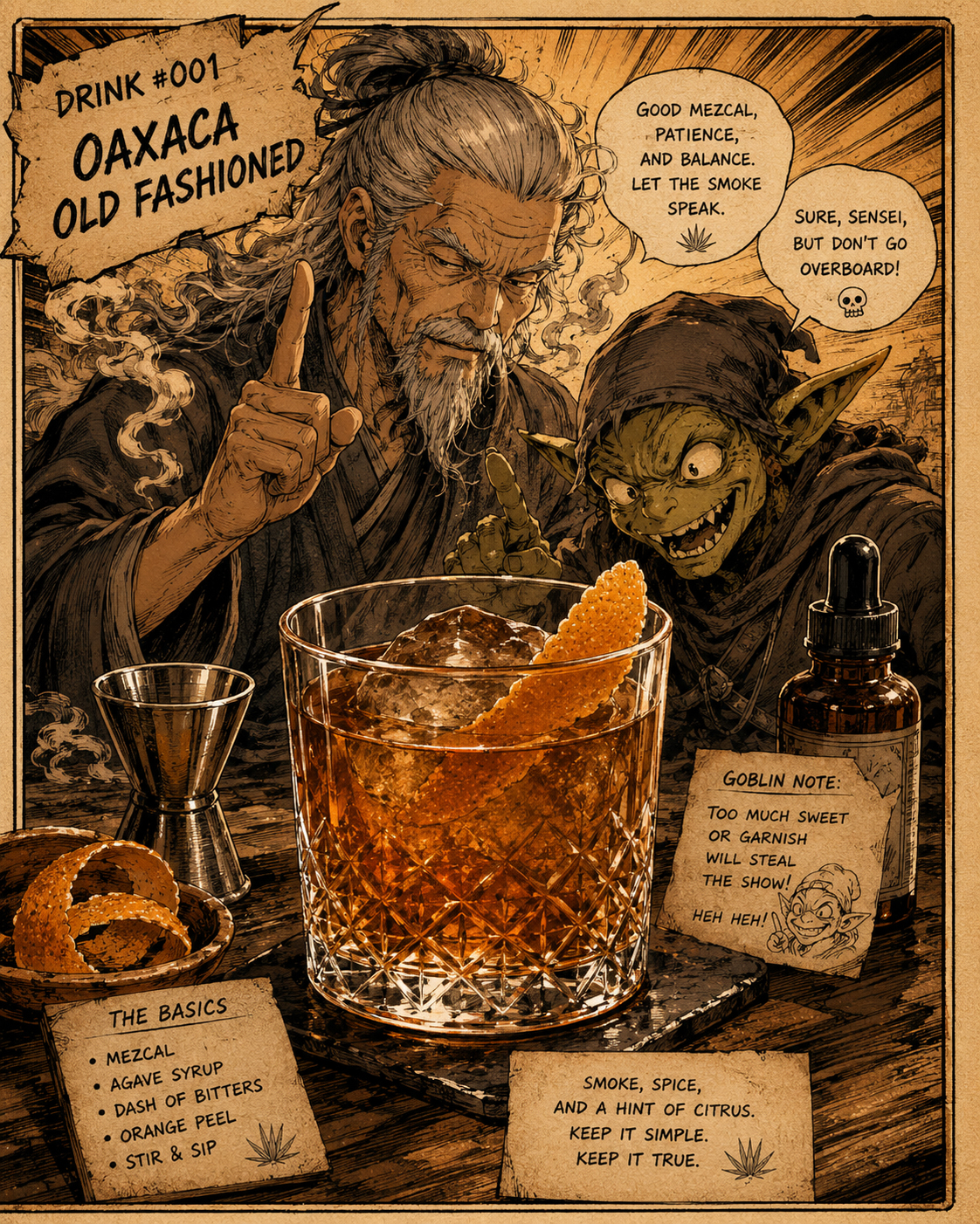 Smoke Sensei and Label Goblin offering manga-style advice beside an Oaxaca Old Fashioned.