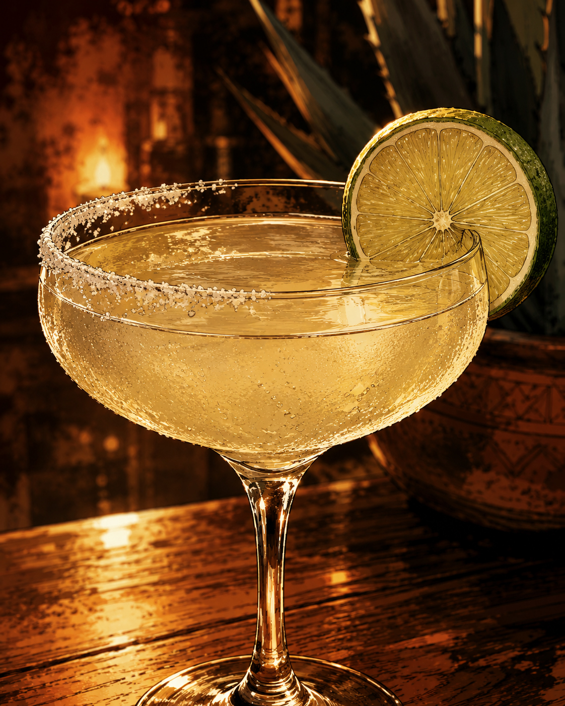 Close-up of the finished Mezcal Margarita with lime garnish and salt rim.