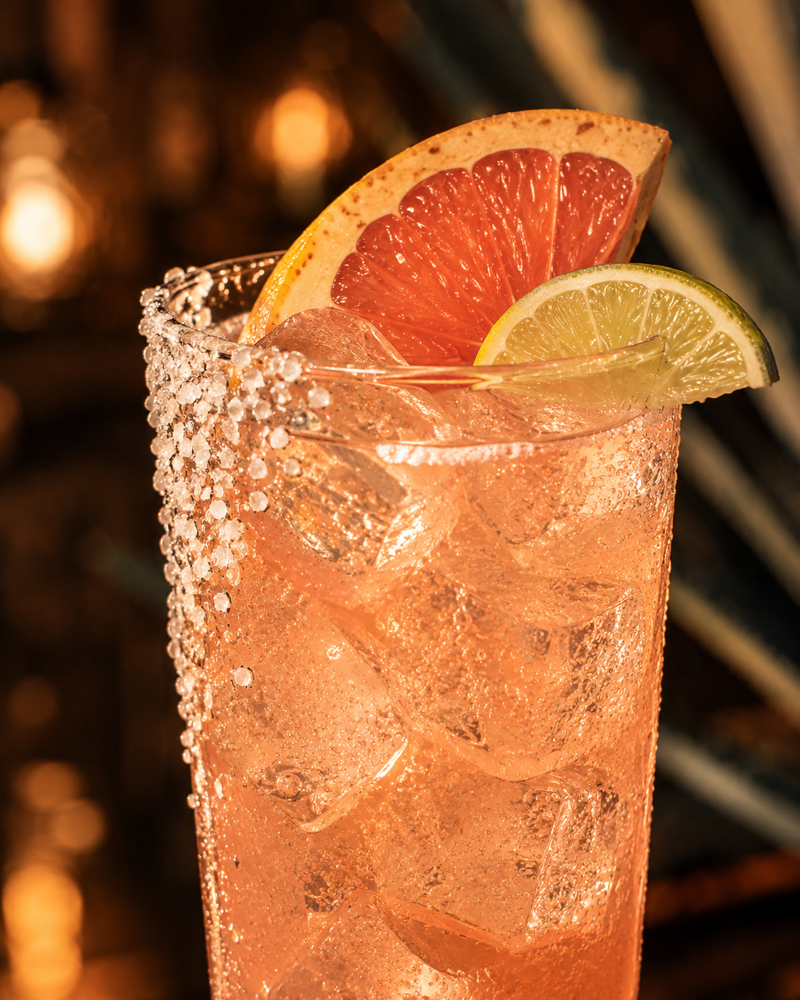 Close-up of the finished Mezcal Paloma with grapefruit and lime garnish.