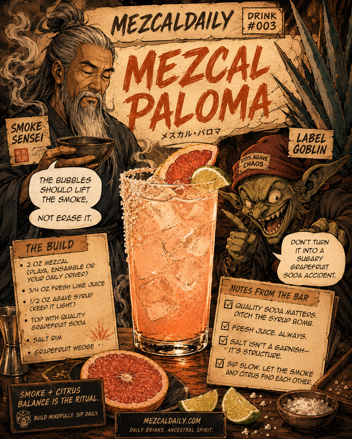 Manga poster note for the Mezcal Paloma with Smoke Sensei and the Label Goblin.