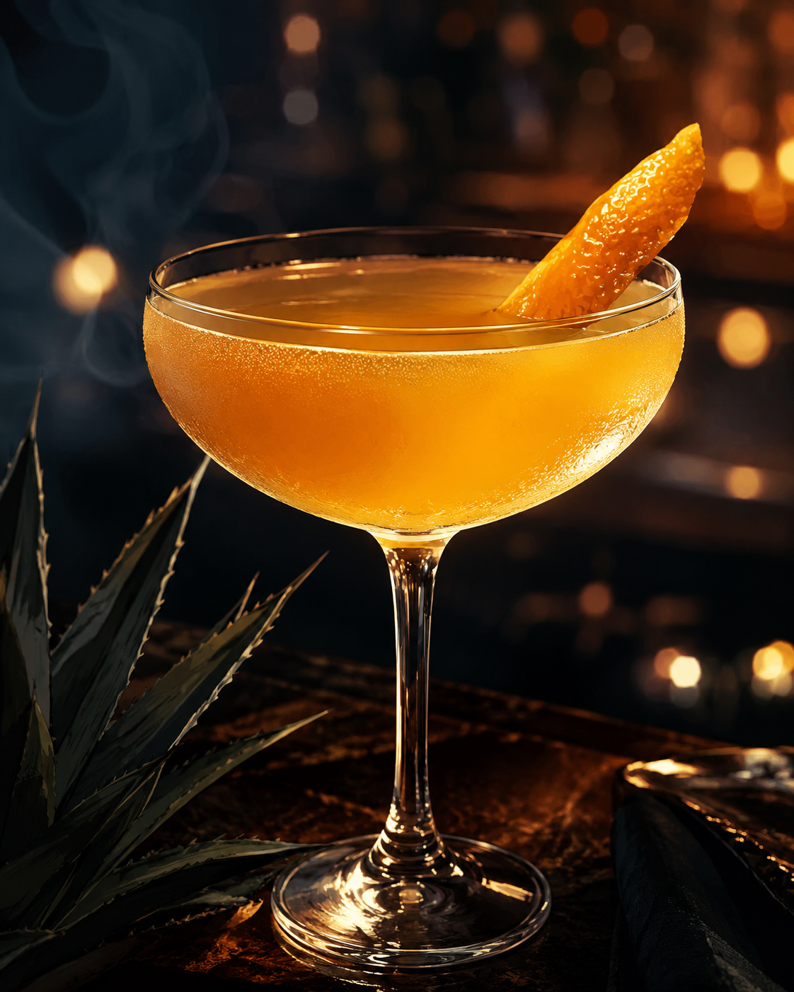 Close-up of the Naked and Famous cocktail in a coupe glass.
