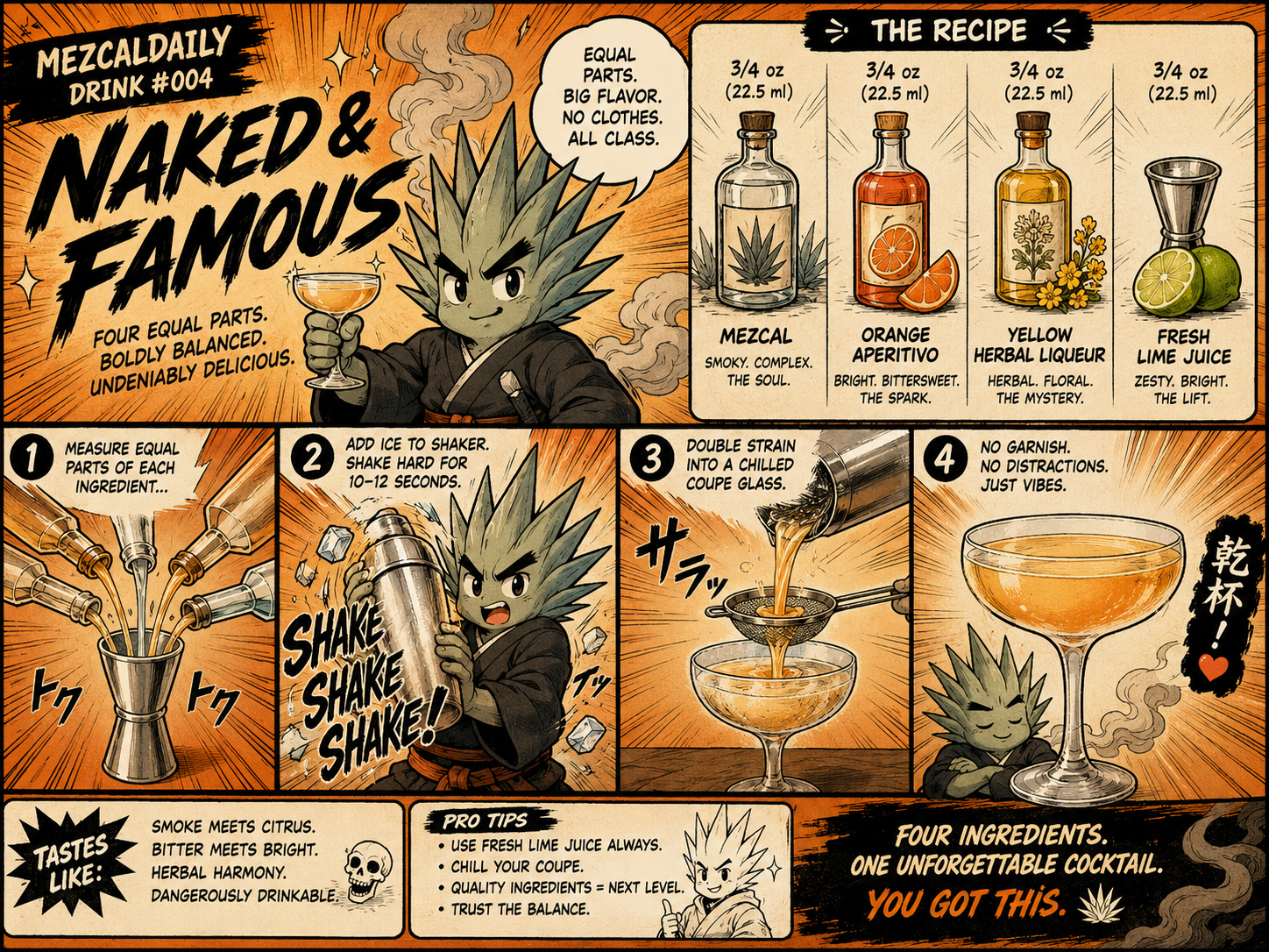 Comic-style making panel for the Naked and Famous showing recipe steps.