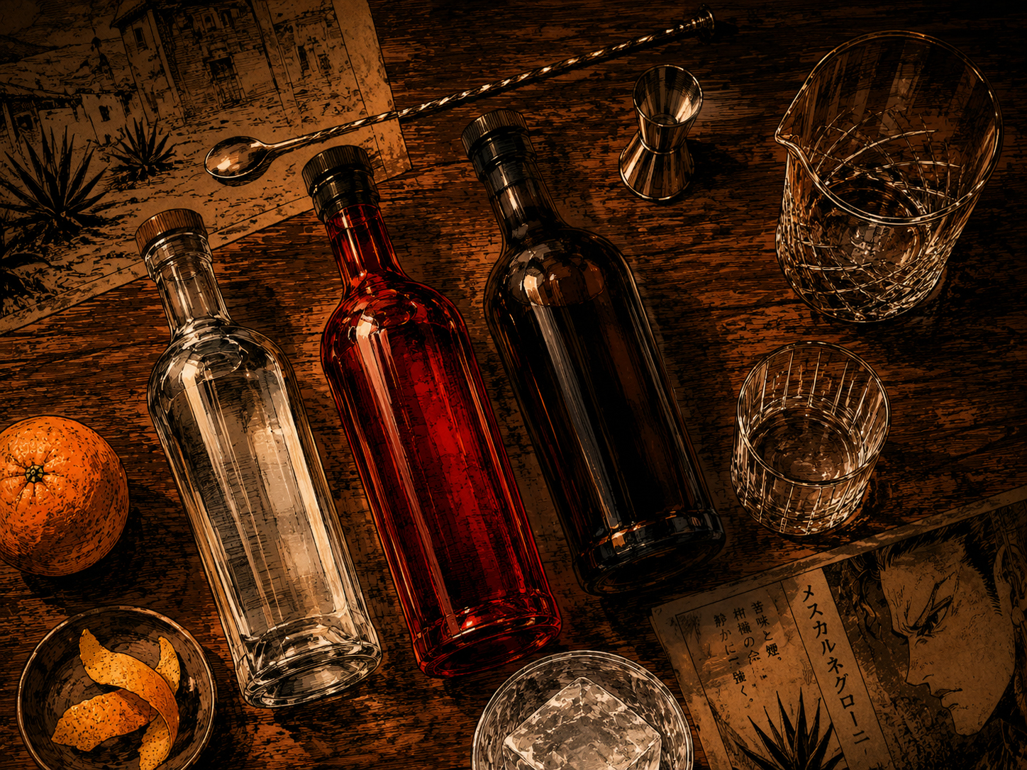 Ingredients flat lay for the Mezcal Negroni with mezcal, red bitter aperitivo, sweet vermouth, orange peel, tools, and glassware.