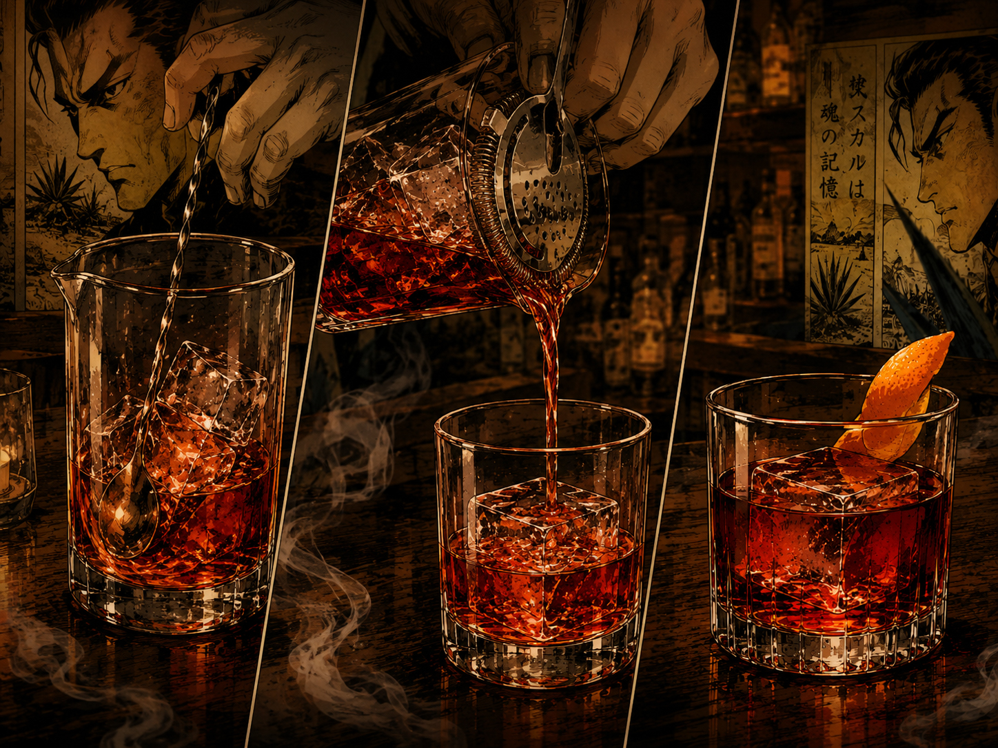 Comic-style making panel for the Mezcal Negroni showing stirring and straining.