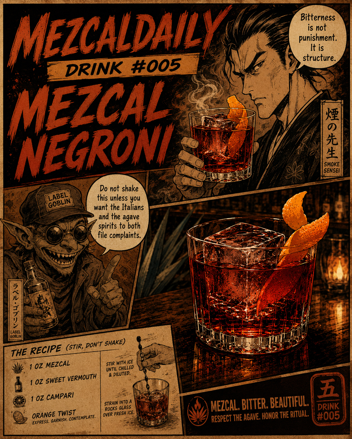 Manga note poster for the Mezcal Negroni with Smoke Sensei and the Label Goblin.