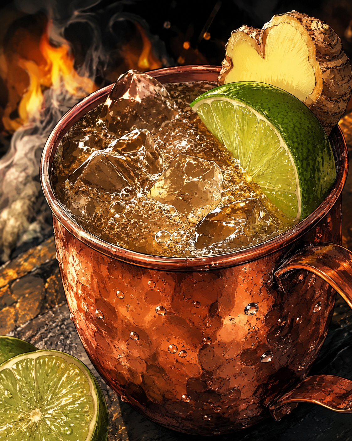 Close-up of the Mezcal Mule in a copper mug with lime, ginger, ice, and bubbles.