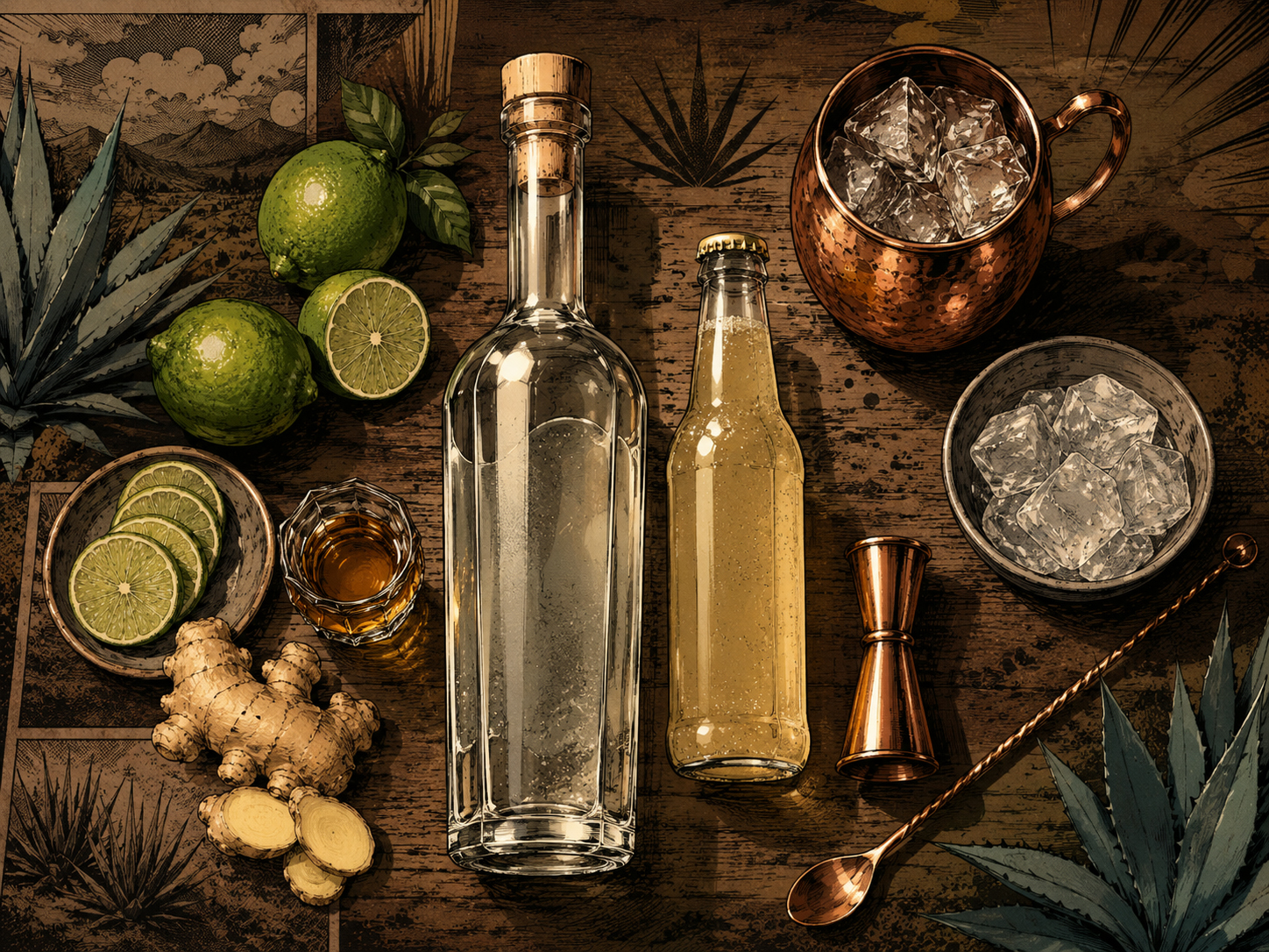 Ingredients flat lay for the Mezcal Mule with mezcal, ginger beer, limes, ginger root, copper mug, ice, and bar tools.