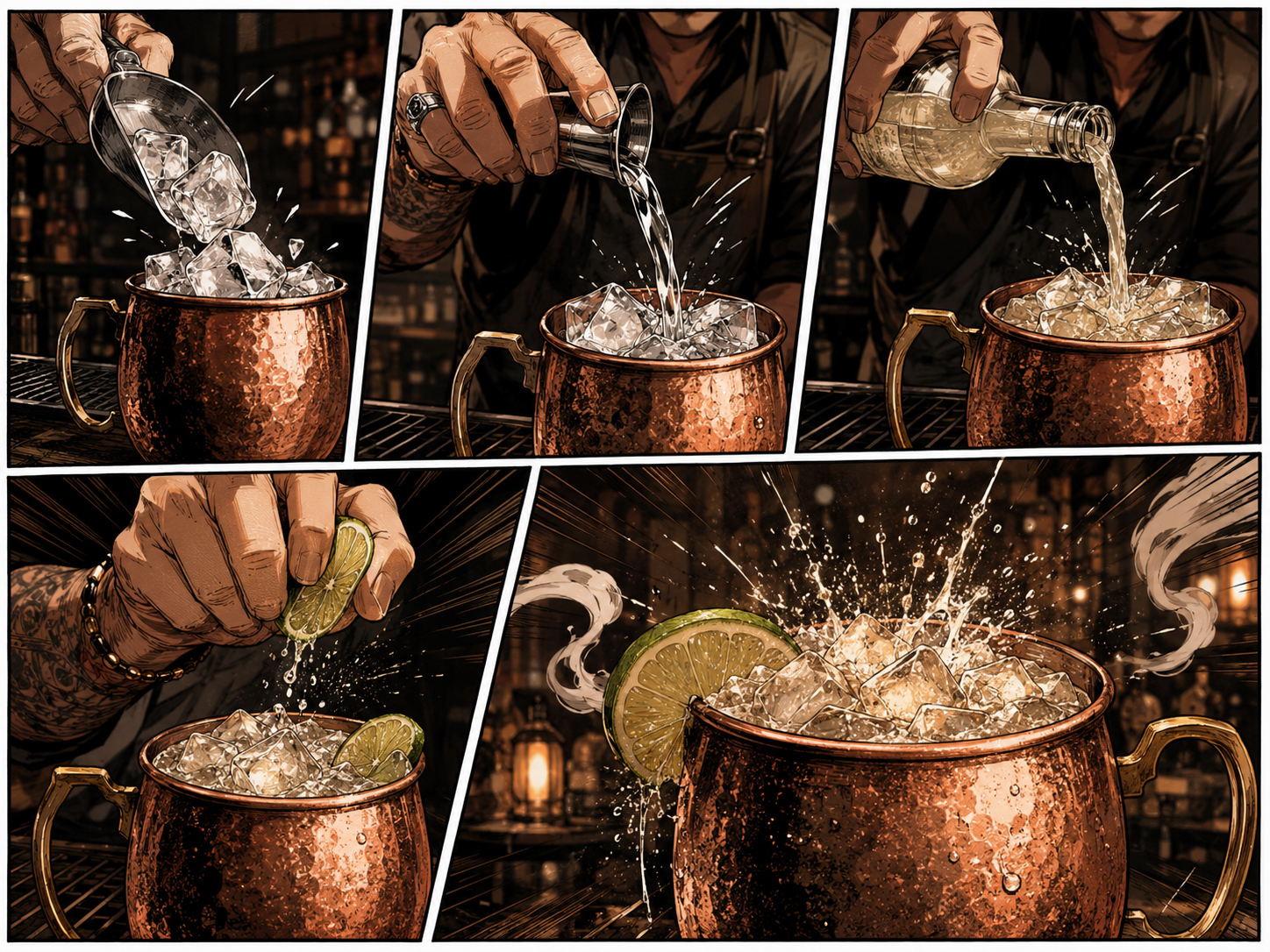 Comic-style making panel for the Mezcal Mule showing ice, mezcal, ginger beer, and lime.