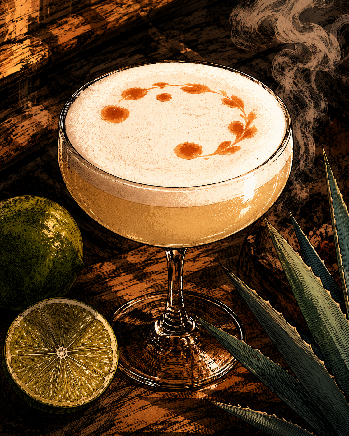 Close-up of the Mezcal Sour with foam and bitters dots.
