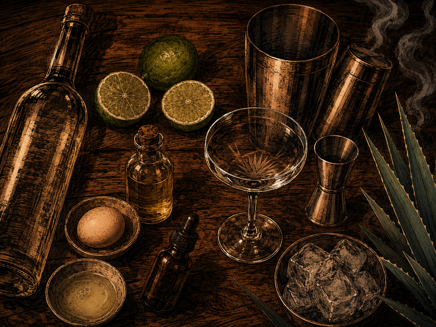 Ingredients for the Mezcal Sour with mezcal, lime, agave syrup, egg white or aquafaba, bitters, shaker, coupe, and ice.