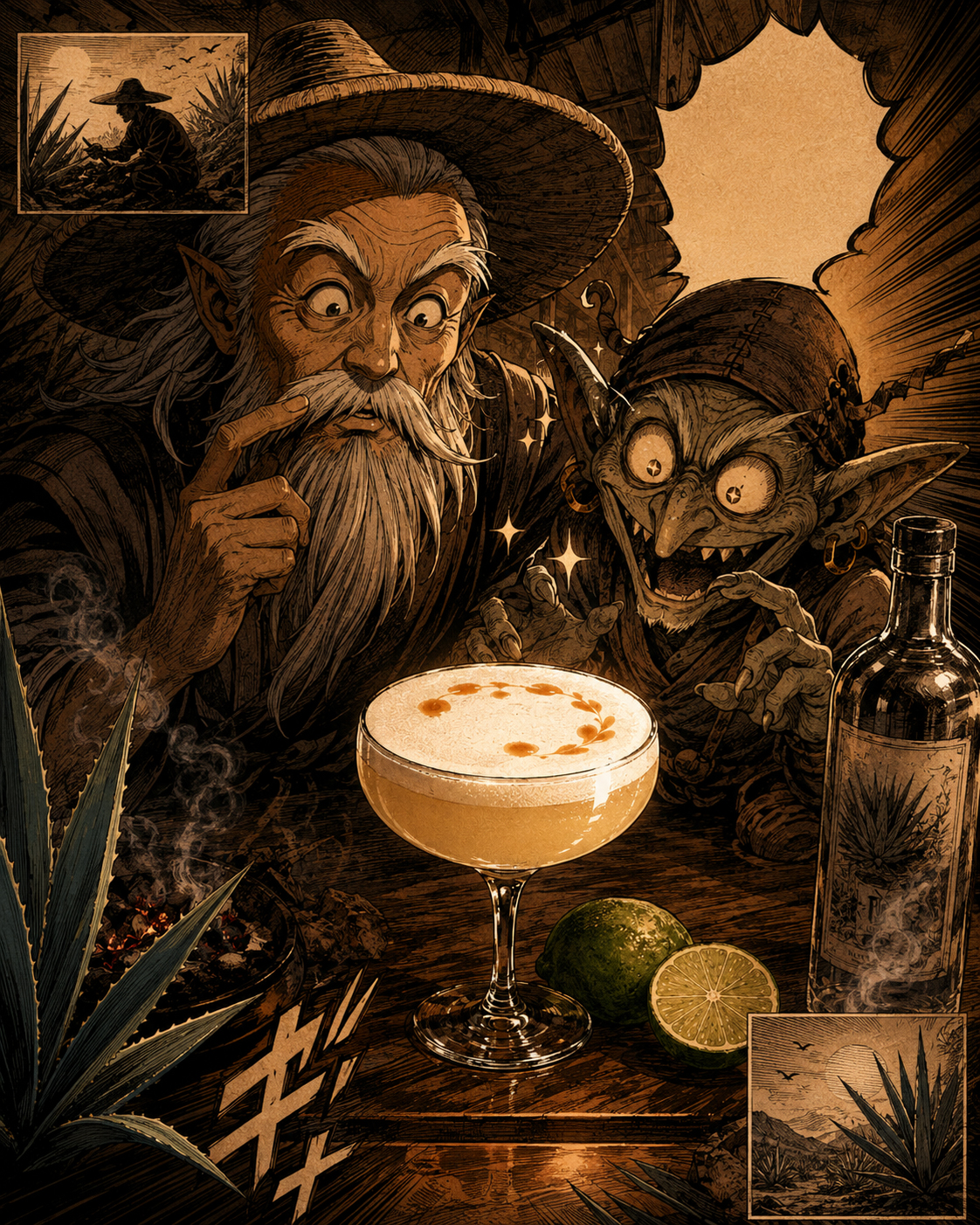 Manga note poster for the Mezcal Sour with Smoke Sensei and the Label Goblin.