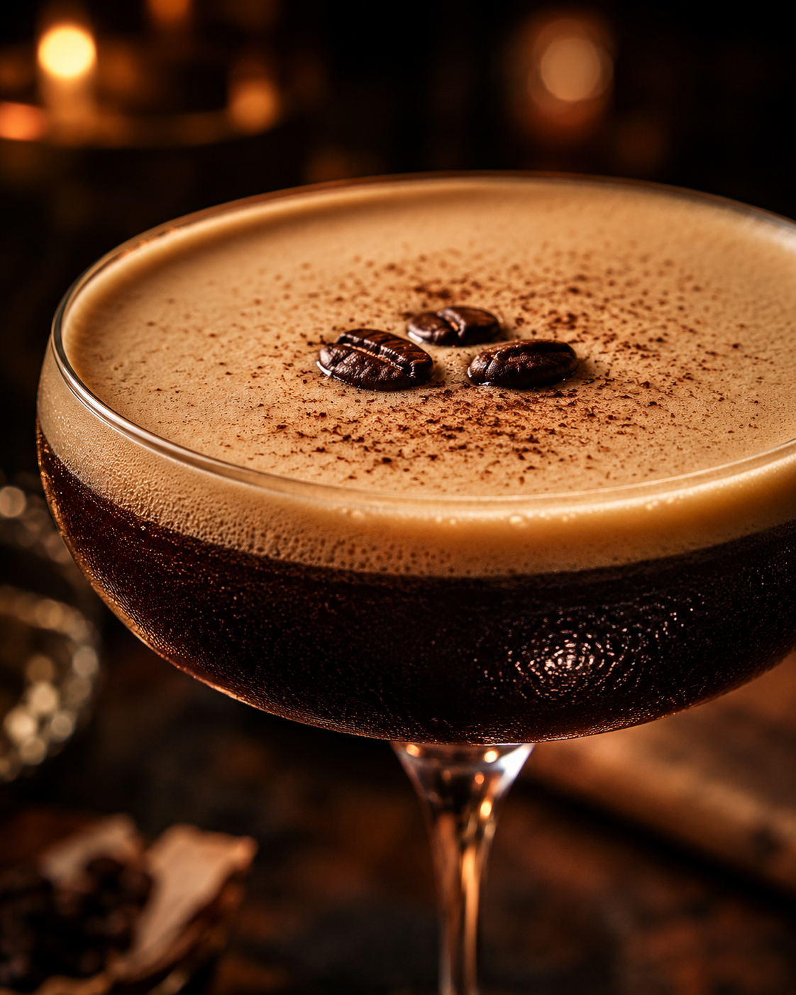 Close-up of the Mezcal Espresso Martini foam with coffee beans.