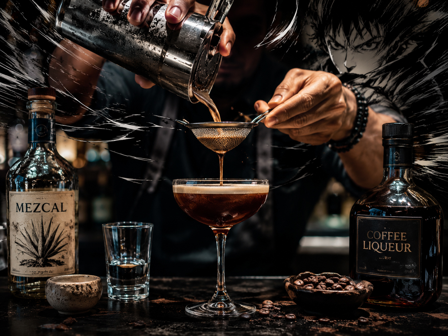 Action image of a Mezcal Espresso Martini being fine strained into a coupe.