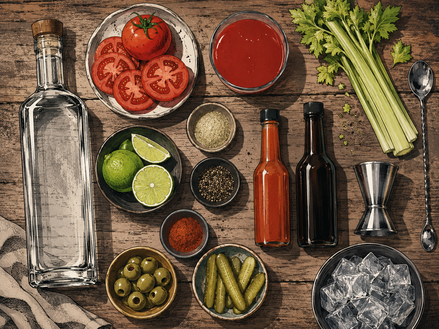 Ingredients flat lay for the Mezcal Bloody Maria with mezcal, tomato juice, lime, celery, olives, pickles, hot sauce, Worcestershire sauce, spices, and ice.