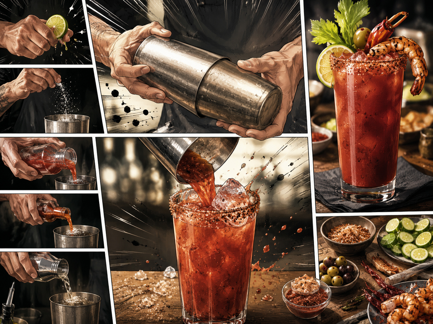 Comic-style making panel for the Mezcal Bloody Maria showing lime, seasoning, tomato, rolling, and garnish.