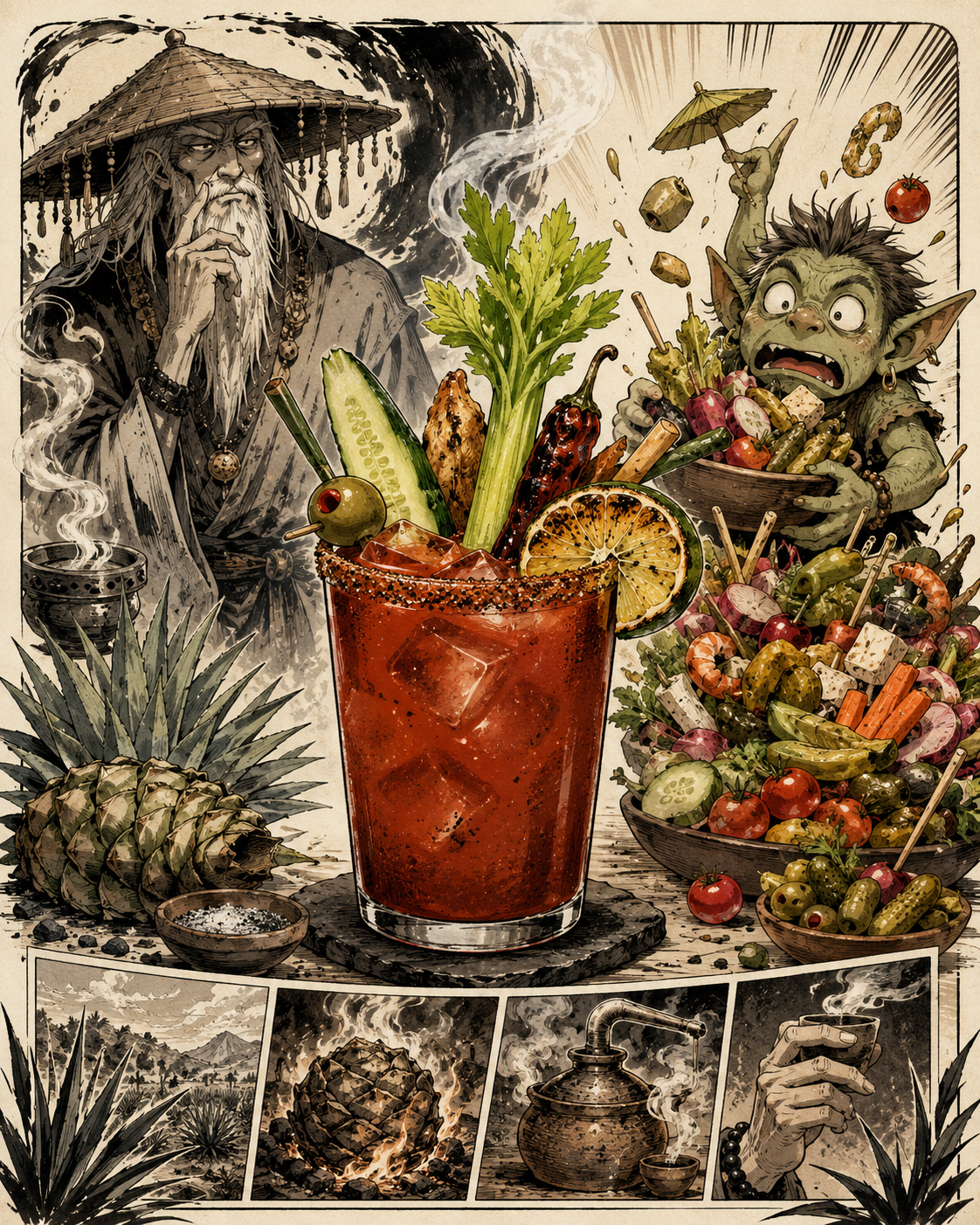 Manga note poster for the Mezcal Bloody Maria with Smoke Sensei and Label Goblin garnish overload.