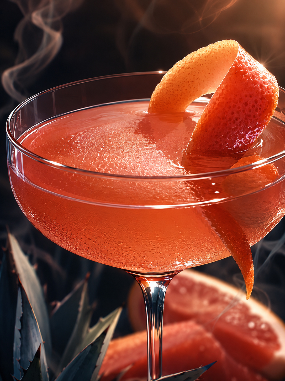 Close-up of the Division Bell cocktail with grapefruit twist and pink-orange color.