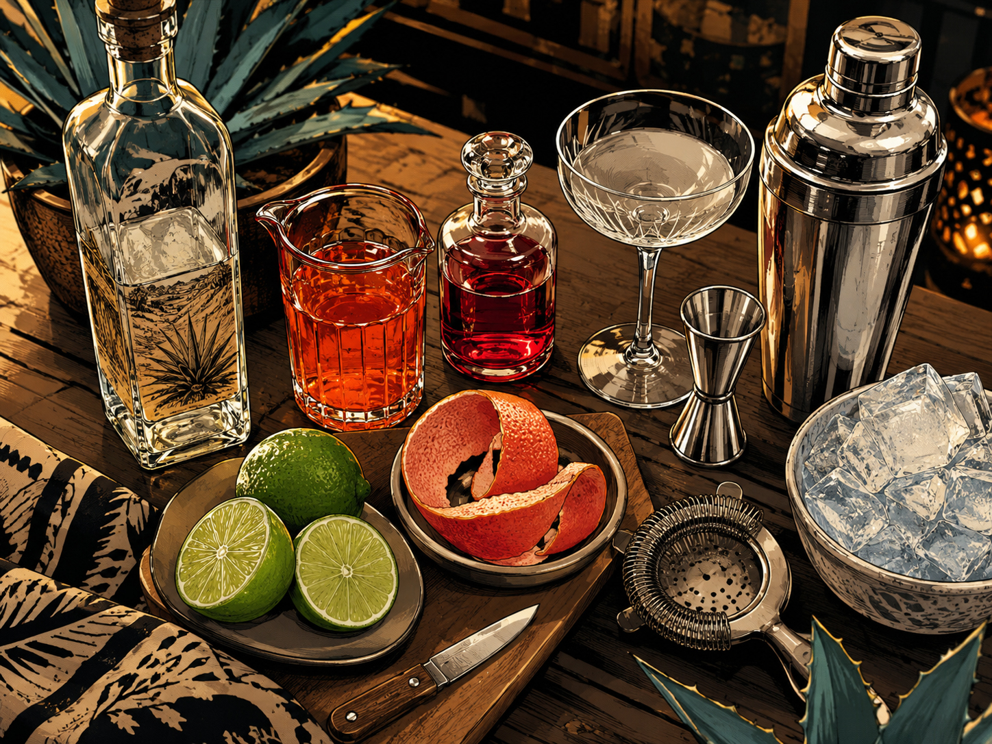 Ingredients flat lay for the Division Bell with mezcal, Aperol, maraschino liqueur, lime, grapefruit peel, shaker, coupe, and ice.