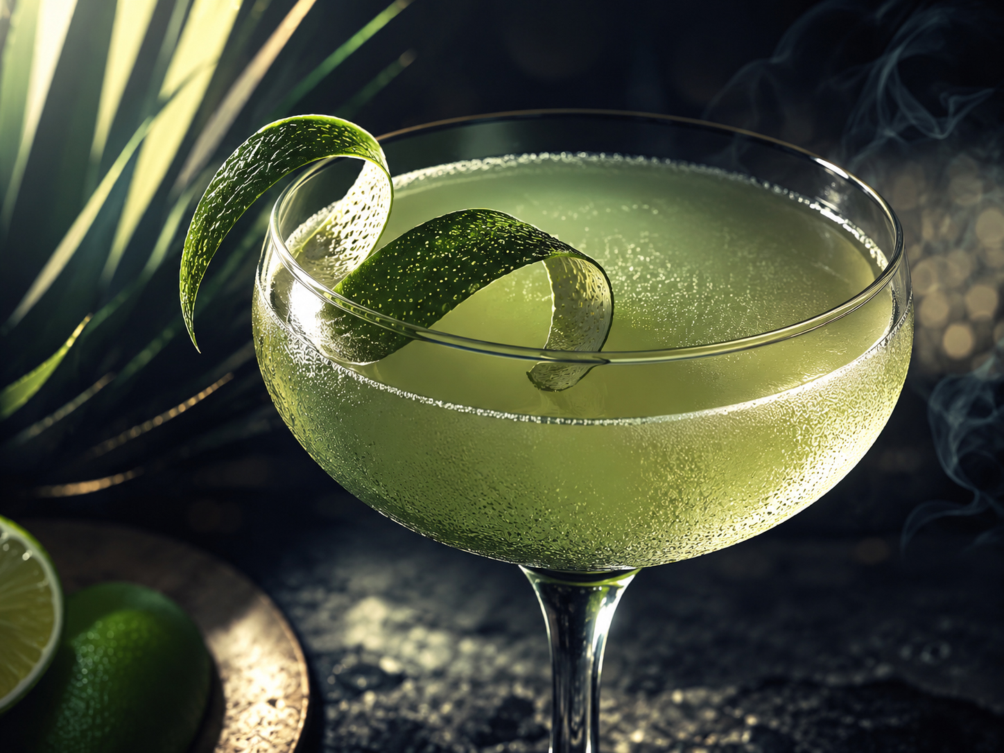 Close-up of the Mezcal Last Word cocktail with lime twist and pale green glow.