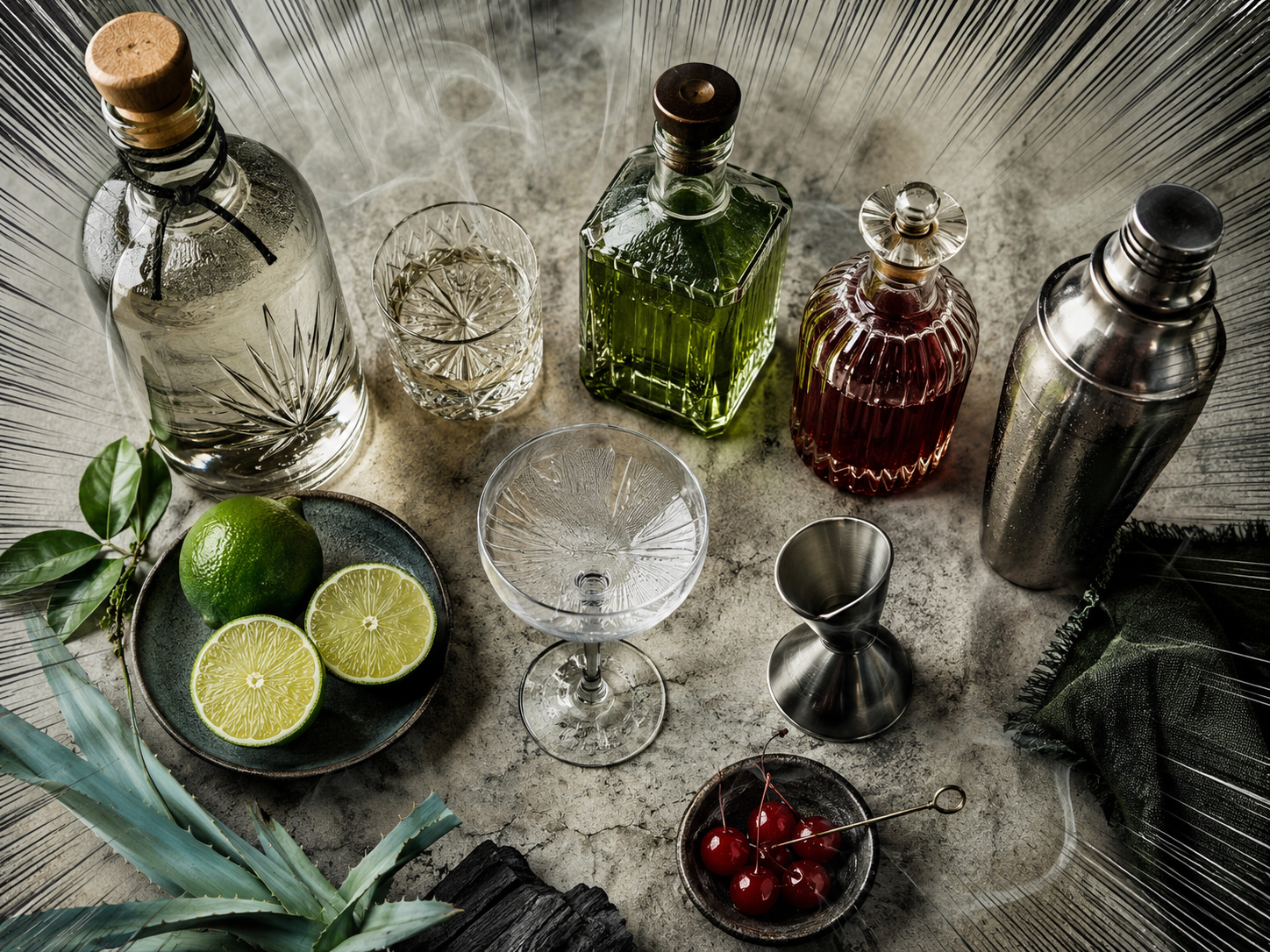 Ingredients flat lay for the Mezcal Last Word with mezcal, green herbal liqueur, maraschino liqueur, lime, shaker, coupe, and ice.