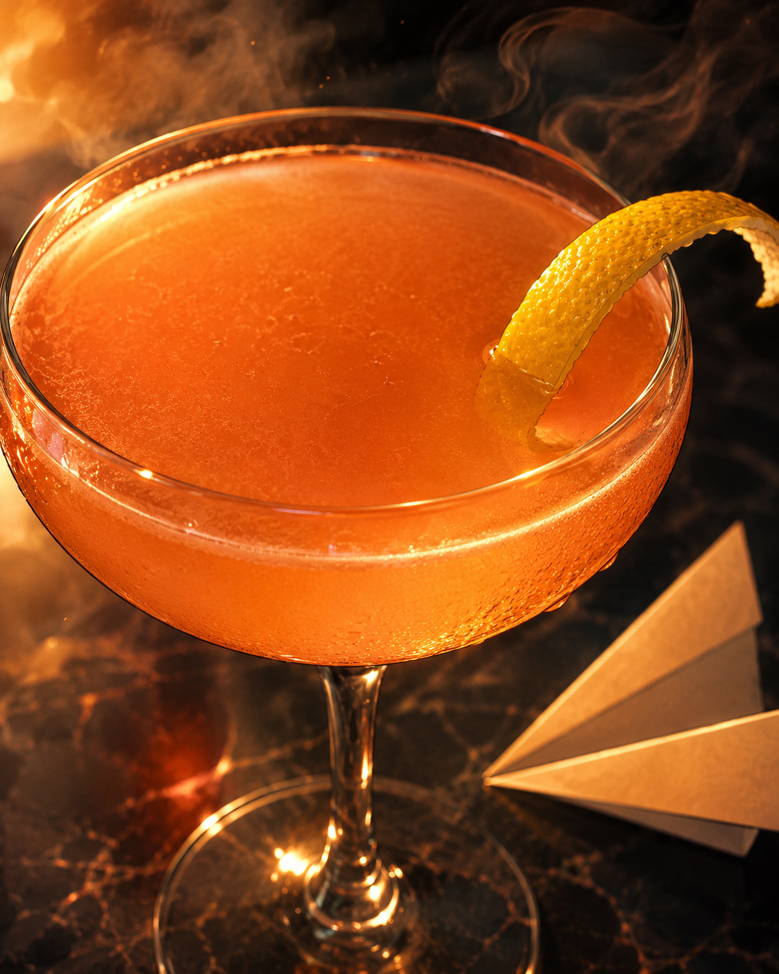 Close-up of the Mezcal Paper Plane with lemon twist and paper airplane detail.