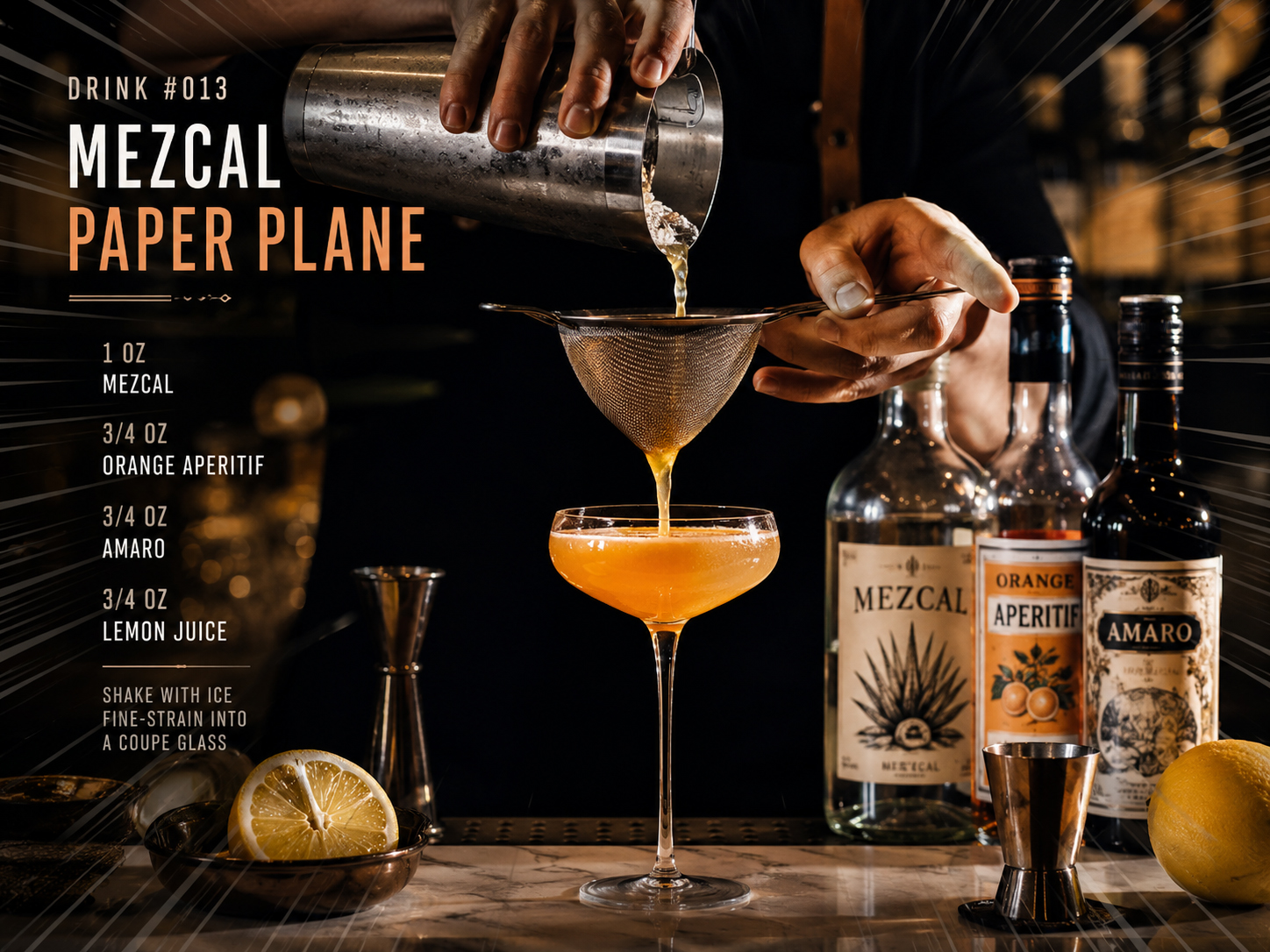 Making panel for the Mezcal Paper Plane showing fine-straining into a coupe and recipe notes.