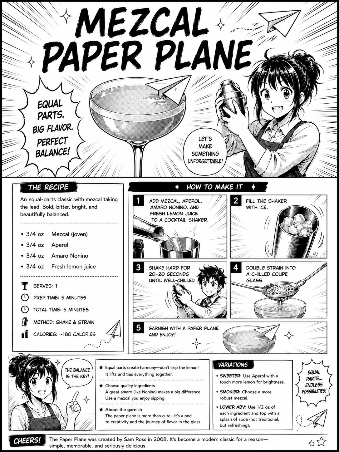 Manga-style Mezcal Paper Plane poster with Smoke Sensei and Label Goblin giving cocktail advice.