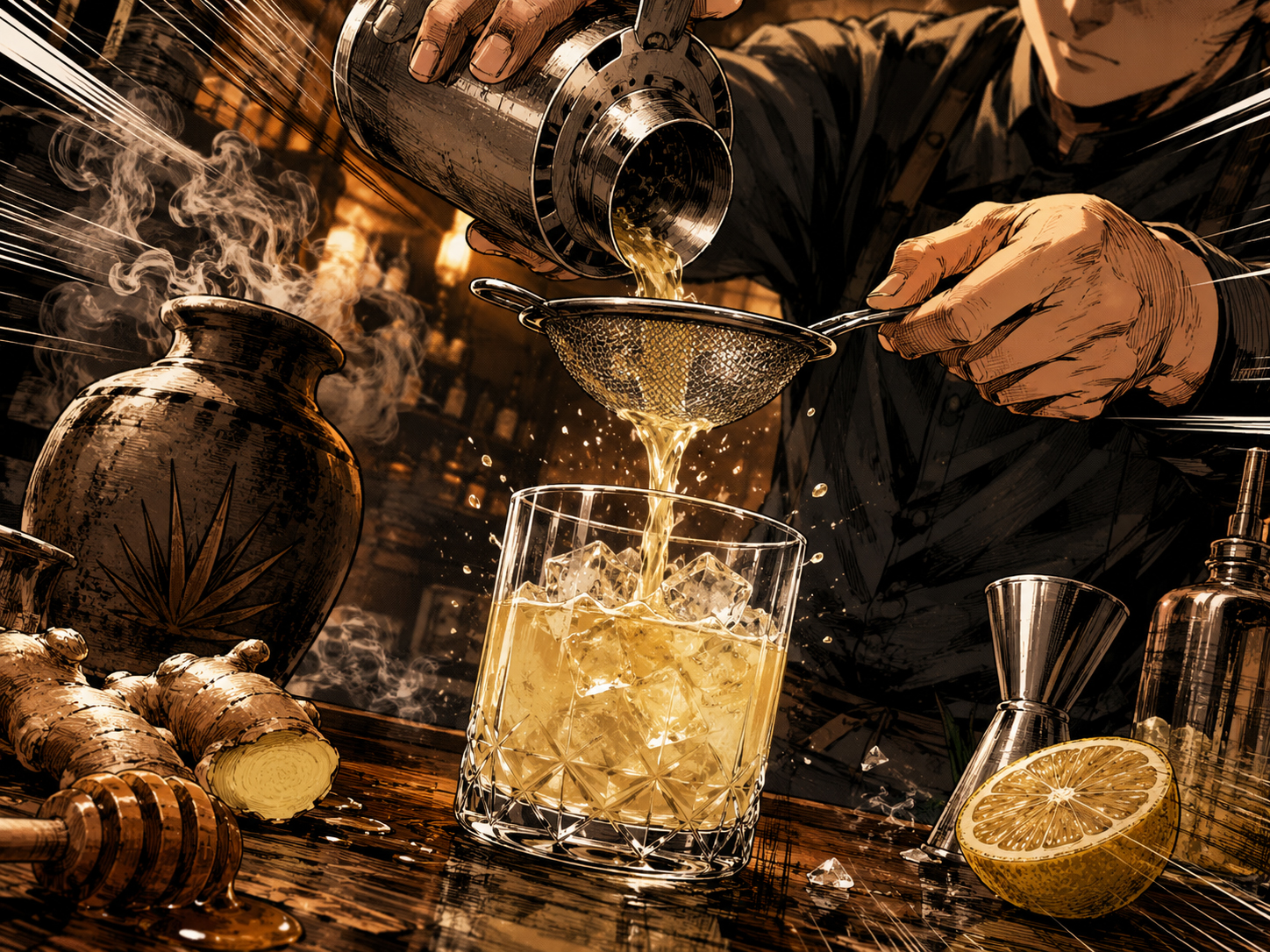 Making panel for the Mezcal Penicillin showing shaking, straining, and service over fresh ice.
