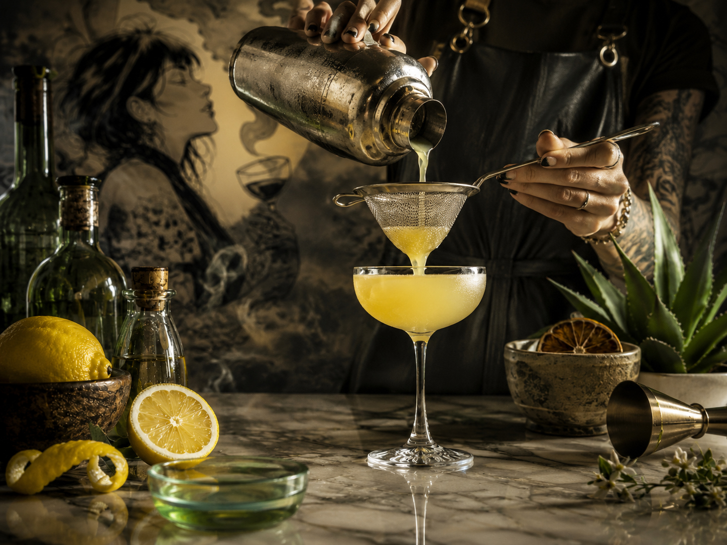 Making panel for the Mezcal Corpse Reviver No. 2 showing absinthe rinse, shaking, and fine straining into a coupe.