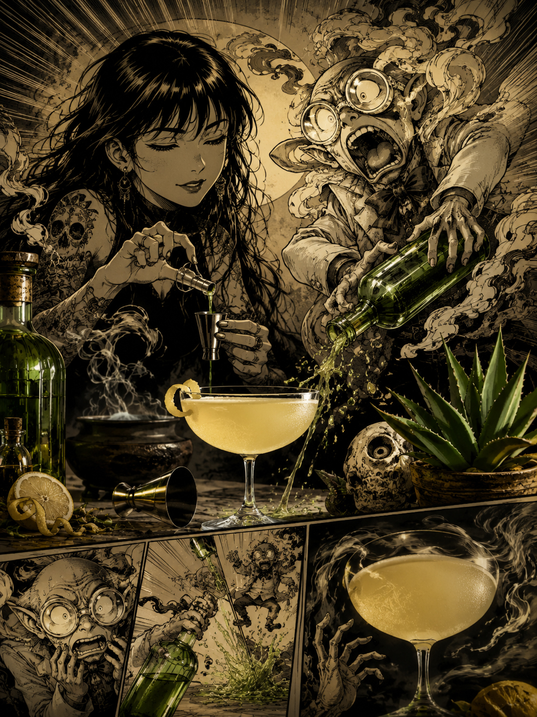Manga-style Mezcal Corpse Reviver No. 2 poster with Smoke Sensei measuring absinthe and Label Goblin in dramatic doctor chaos.