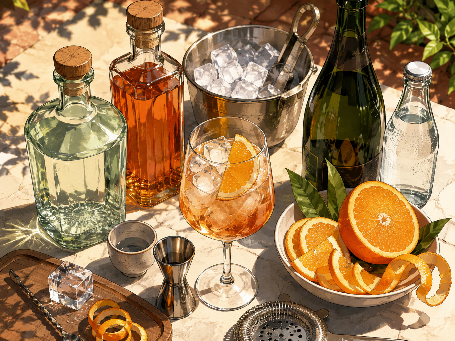 Ingredients and tools for the Mezcal Spritz with mezcal, bitter orange aperitivo, sparkling wine, soda water, oranges, ice, and wine glass.