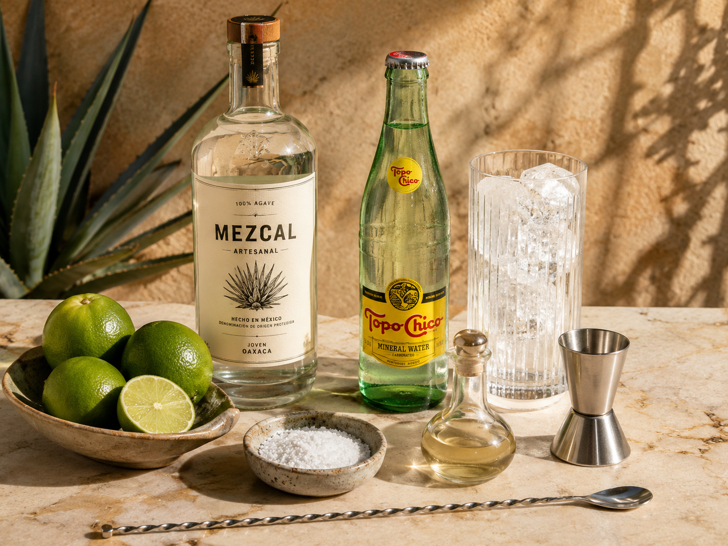 Ingredients and tools for the Mezcal Ranch Water with mezcal, sparkling mineral water, limes, salt, jigger, highball glass, and bar spoon.