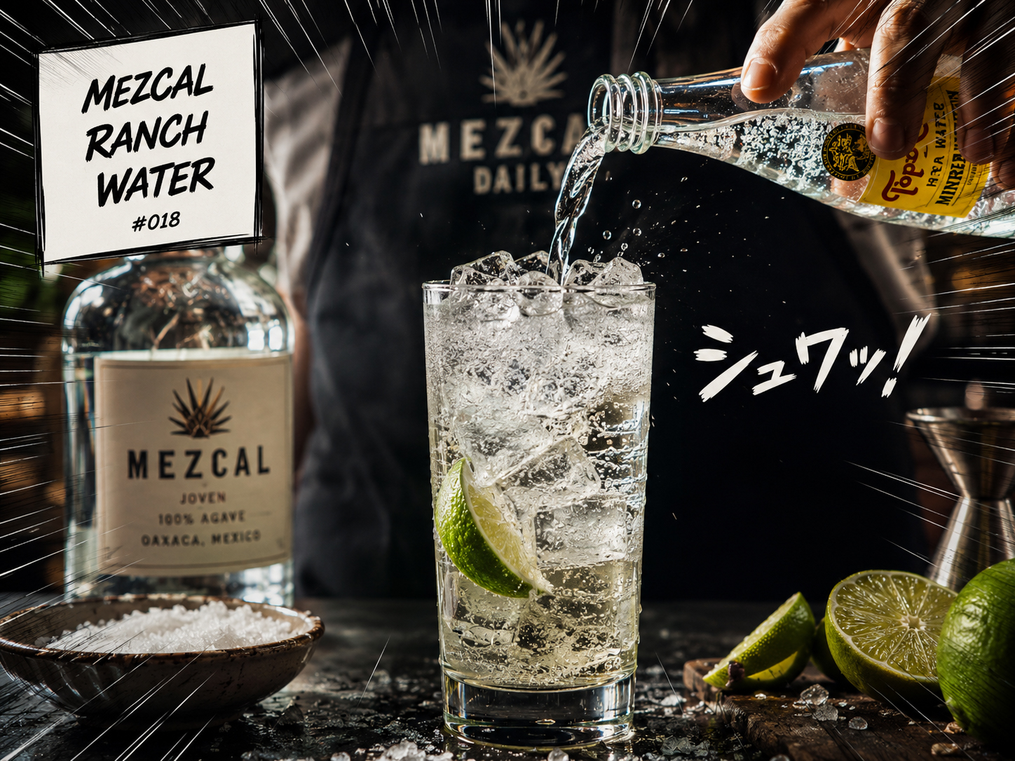 Making panel for the Mezcal Ranch Water showing sparkling mineral water being poured into an iced highball with lime and mezcal.