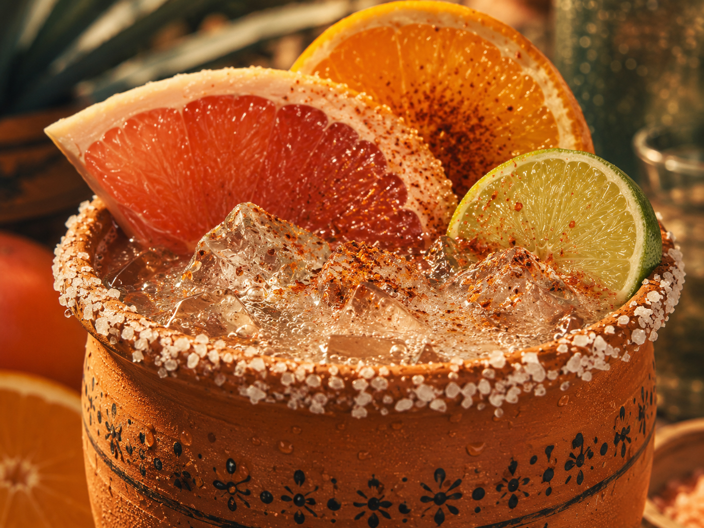 Close-up of the Mezcal Cantarito in a clay cup with salt rim, grapefruit, orange, lime, ice, bubbles, and chile dust.