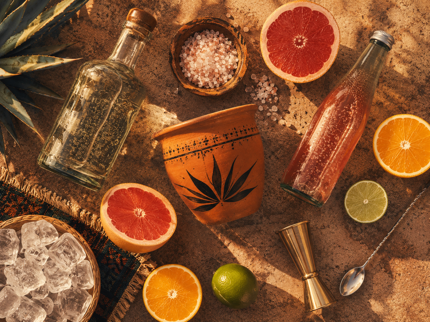 Ingredients and tools for the Mezcal Cantarito with mezcal, clay cup, grapefruit, orange, lime, salt, bubbles, ice, jigger, and bar spoon.