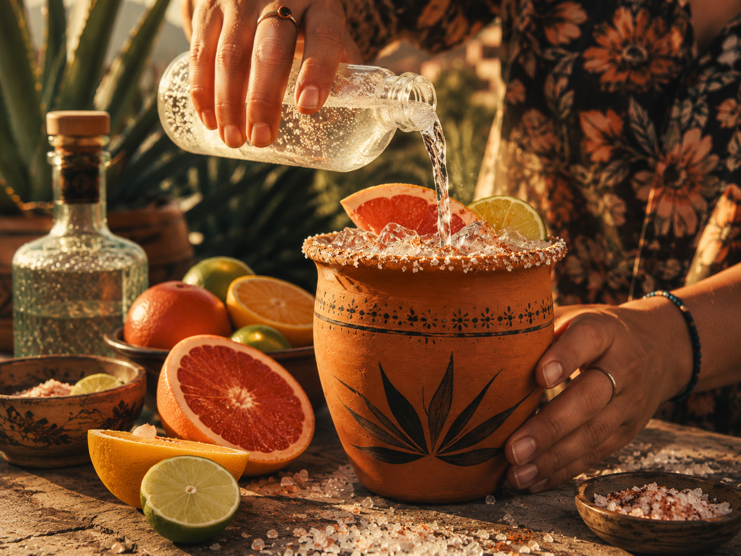 Making panel for the Mezcal Cantarito showing sparkling water or soda poured into a clay cup with citrus, salt, ice, and mezcal.
