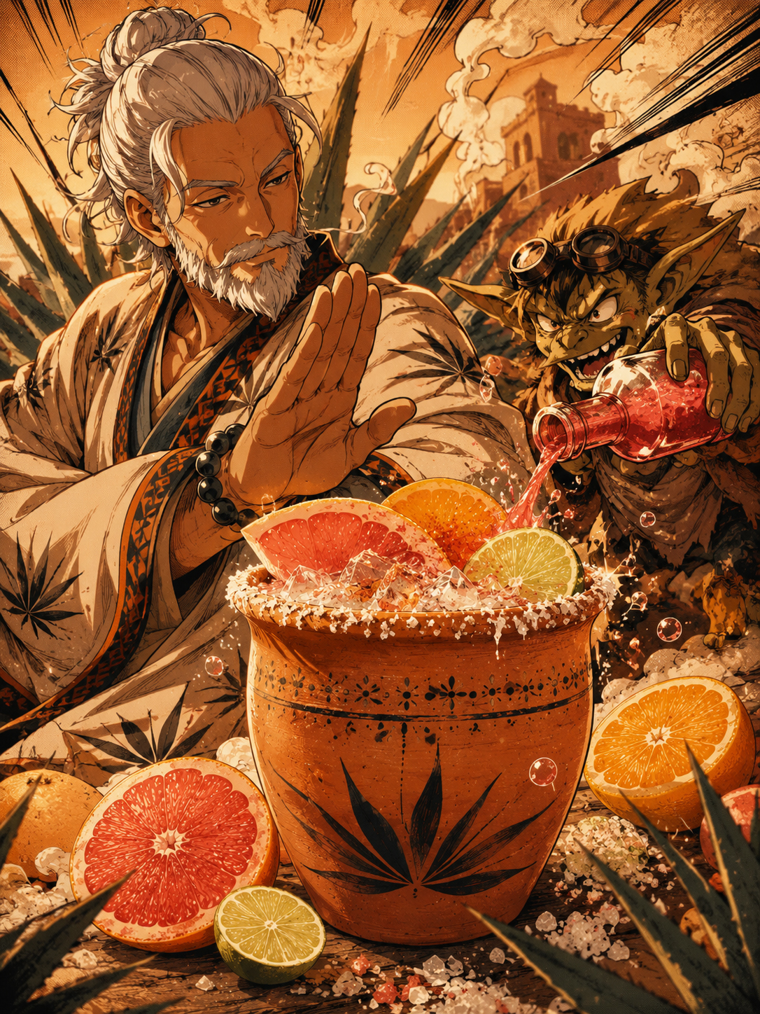 Manga-style Mezcal Cantarito poster with Smoke Sensei protecting the clay cup from Label Goblin's neon fruit punch.