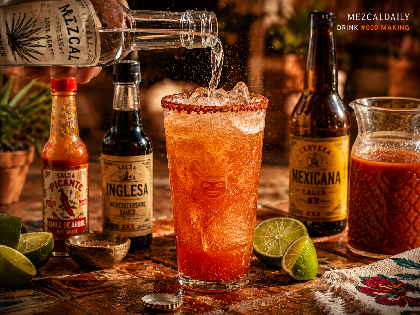 Making panel for the Mezcal Michelada showing mezcal, sauces, chile salt rim, ice, and lager being added to a tall glass.