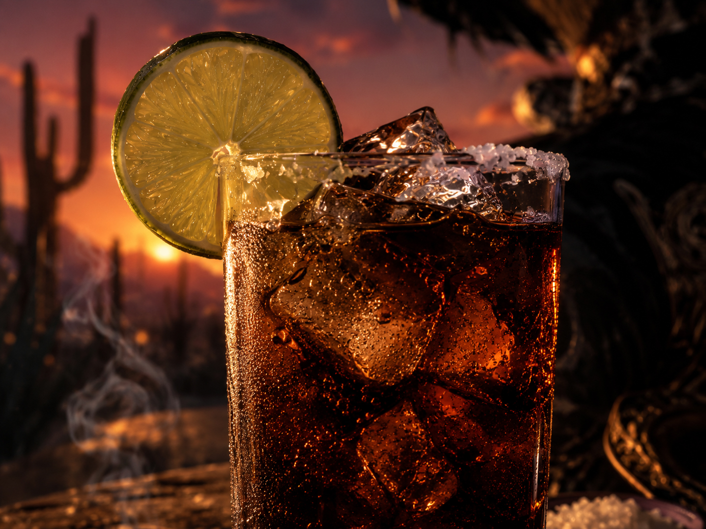 Close-up of the Mezcal Charro Negro with dark cola bubbles, ice, lime wedge, salted rim, and desert sunset shadows.
