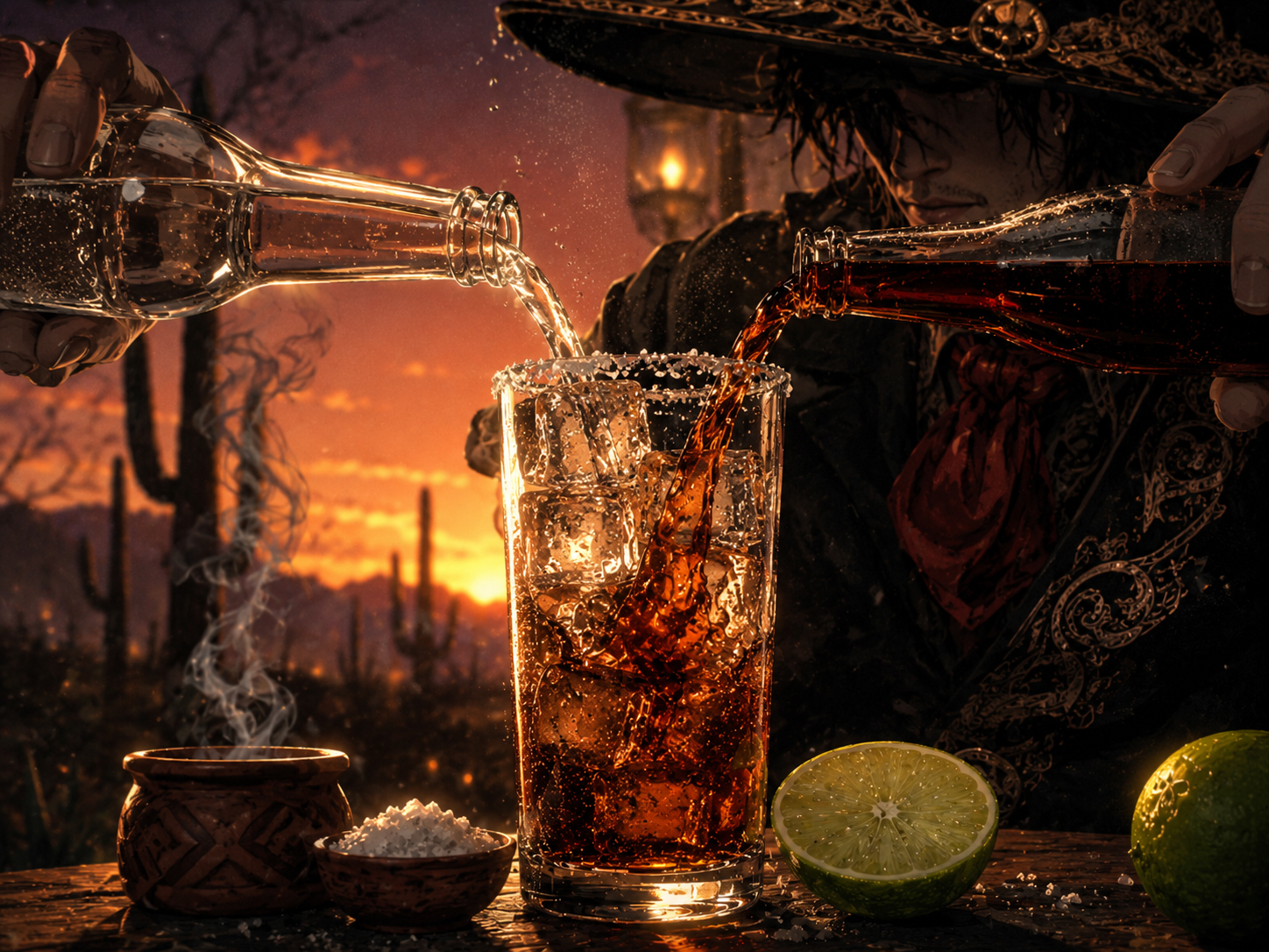 Making panel for the Mezcal Charro Negro showing mezcal, cola, lime, salt, ice, and a highball being built at sunset.