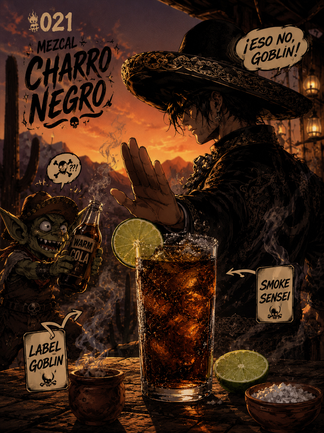 Manga-style Mezcal Charro Negro poster with Smoke Sensei stopping Label Goblin from serving warm flat cola.