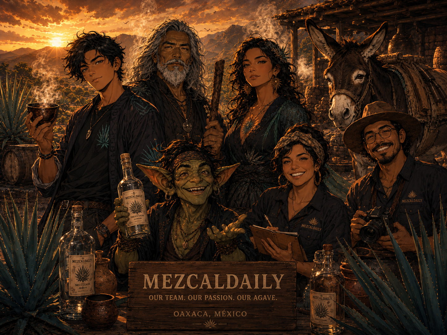 The MezcalDaily team of illustrated agave, mezcal, smoke, terroir, donkey, and label goblin characters gathered at sunset.