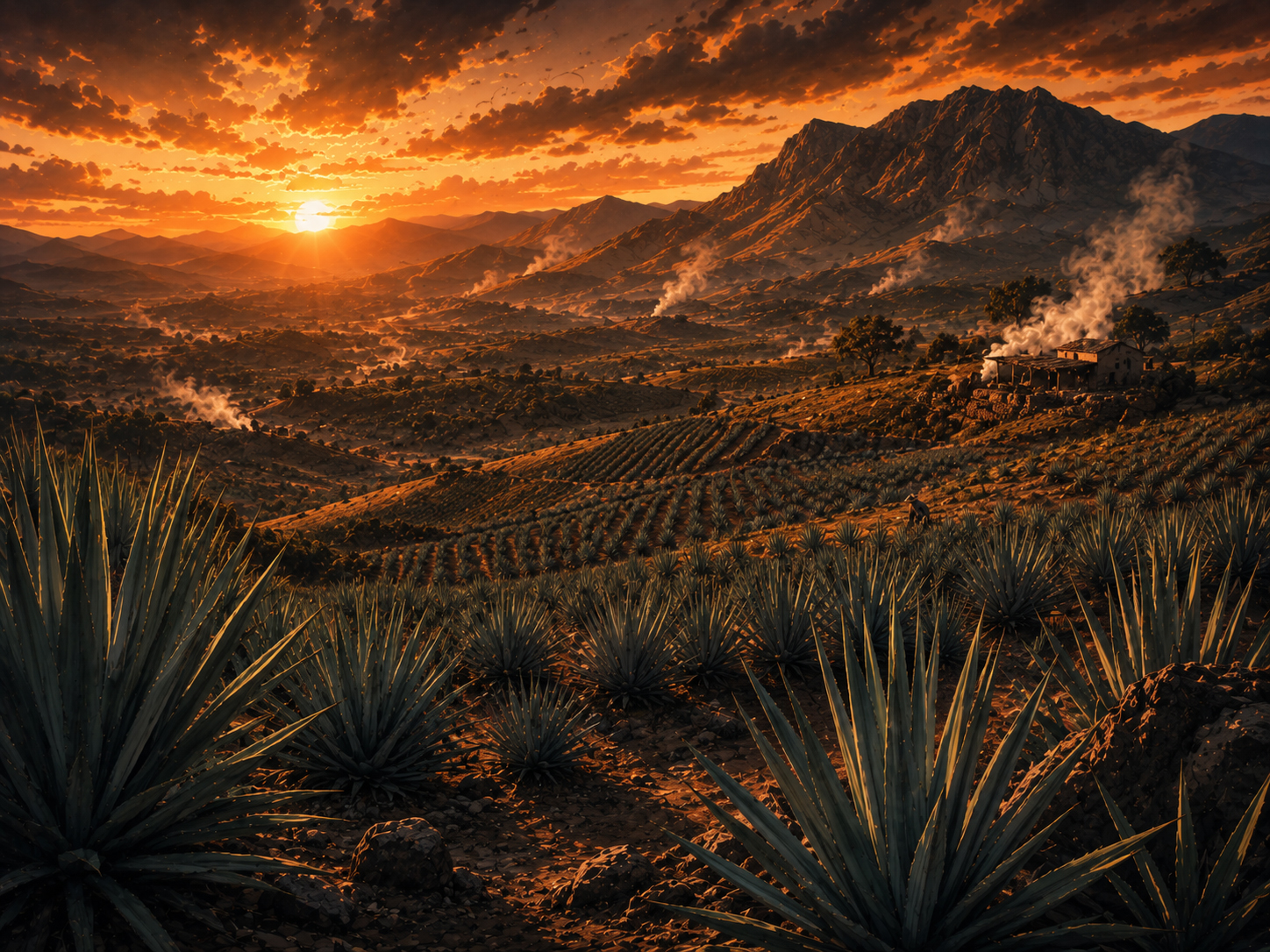 Rows of agave growing in a sunset field with warm mountains in the background.