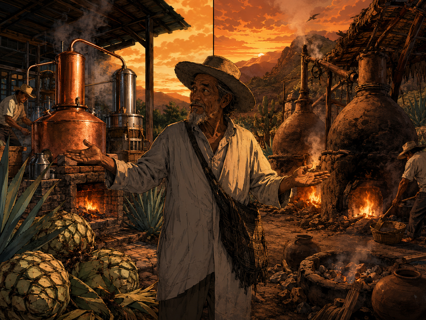 Illustrated comparison of artesanal and ancestral mezcal stills.
