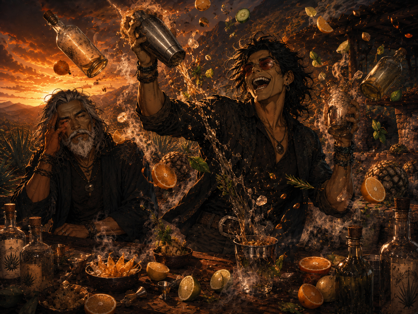 A funny chaotic mezcal cocktail shaker scene with ingredients flying dramatically.