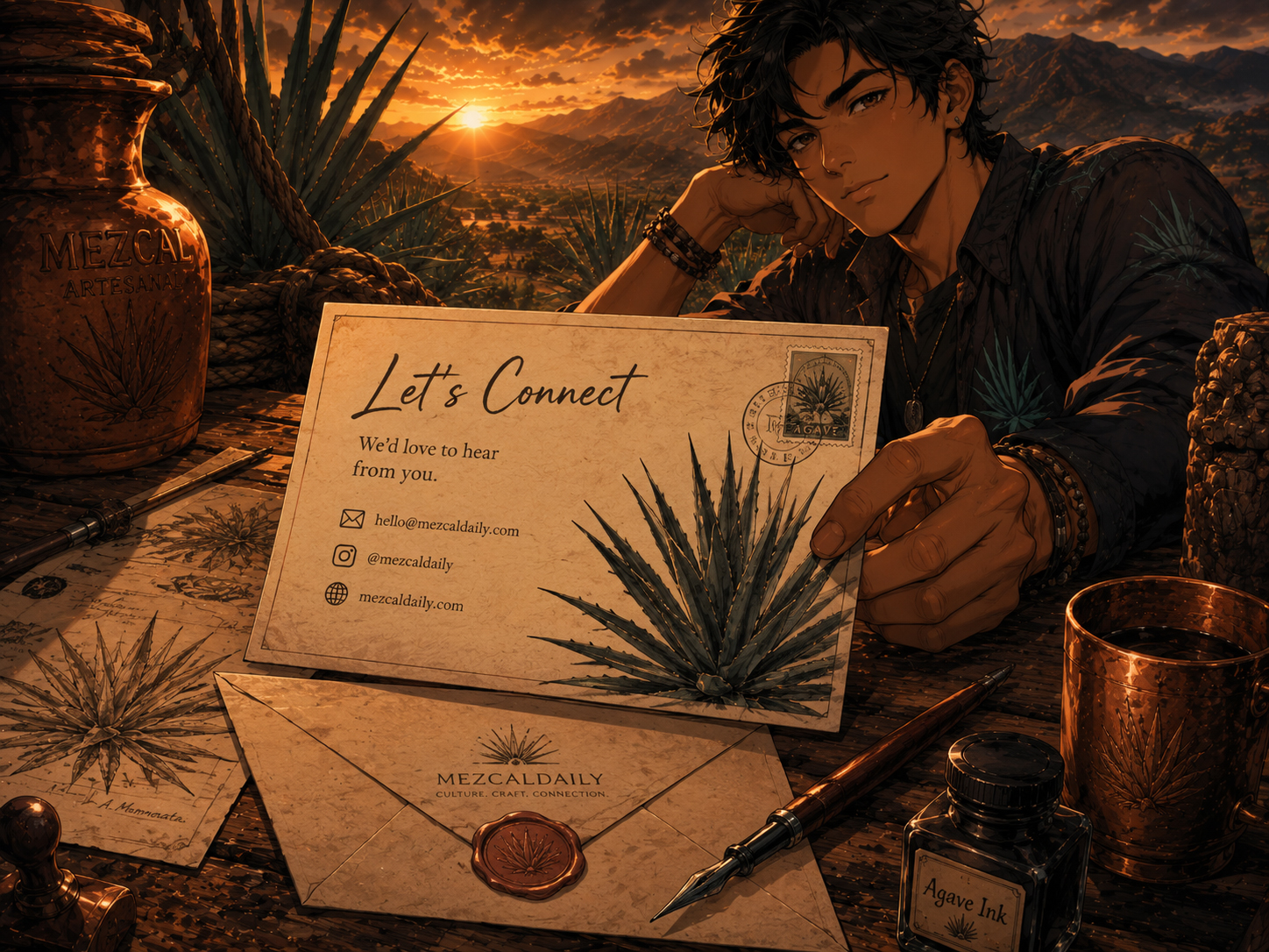 Illustrated MezcalDaily contact postcard with agave fields, warm sunset, mezcal notes, and playful characters.