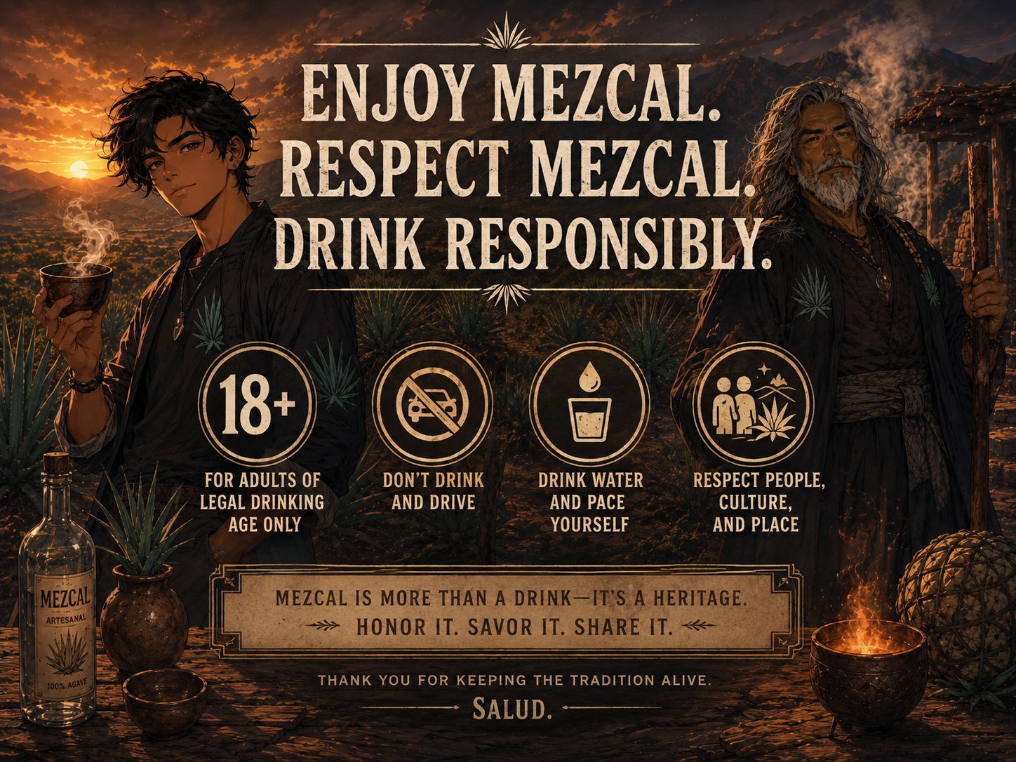 MezcalDaily responsible drinking poster with agave characters, safety notes, and warm sunset colors.