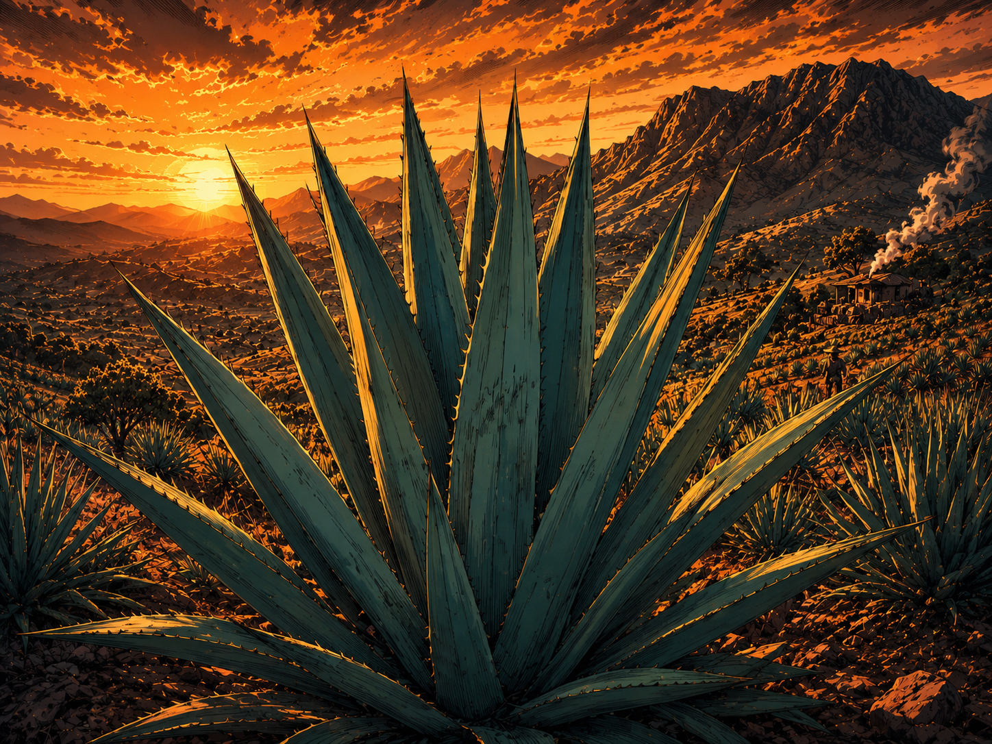 Heroic espadín agave plant glowing at sunset.